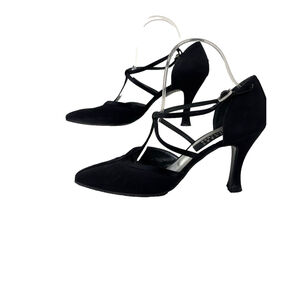 STUART WEITZMAN BLACK Rhinmestone buckle T STRAP pump sandal size 9